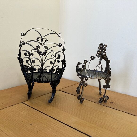 Tin Can Doll Chairs Set of 2 Vintage Folk Tramp Art Mini Furniture Rocking Chair - Picture 4 of 8